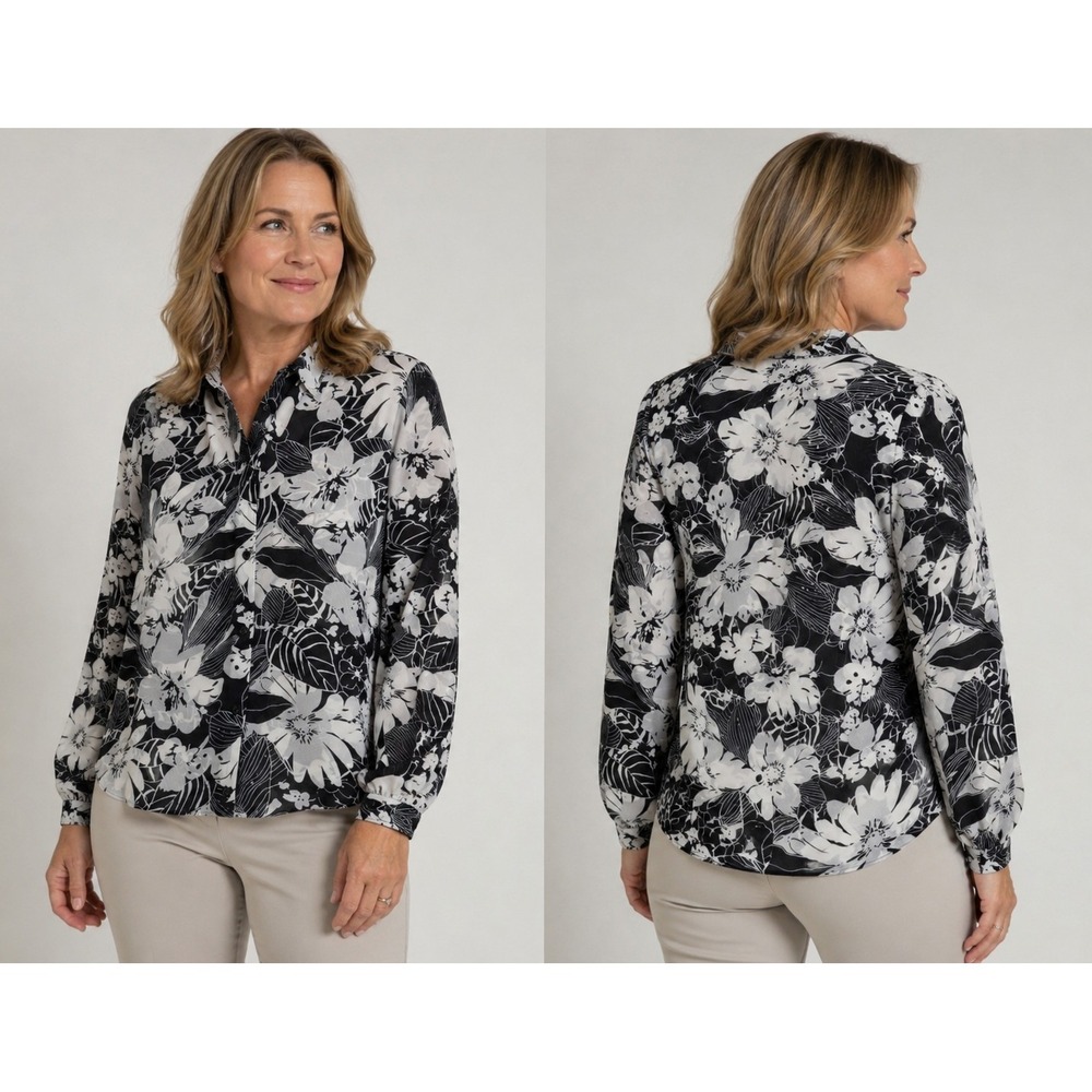 BFA Classics Womens Size XL Black White Floral Button Front Long Sleeve Blouse